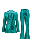 Glitter vert paillettes revers crantés femmes costumes avec ceinture