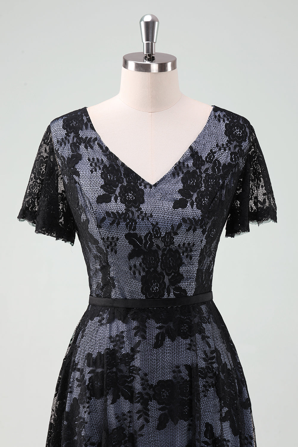 Noir Col V Manches Courtes Dentelle Trapèze Robe Mère de la Mariée