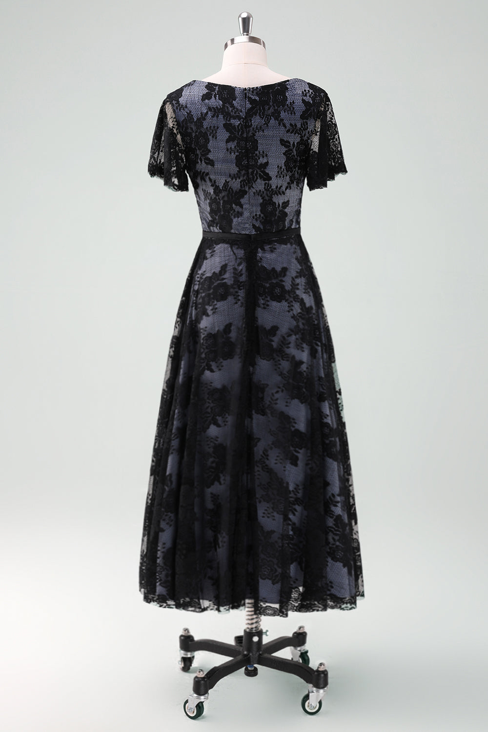 Noir Col V Manches Courtes Dentelle Trapèze Robe Mère de la Mariée