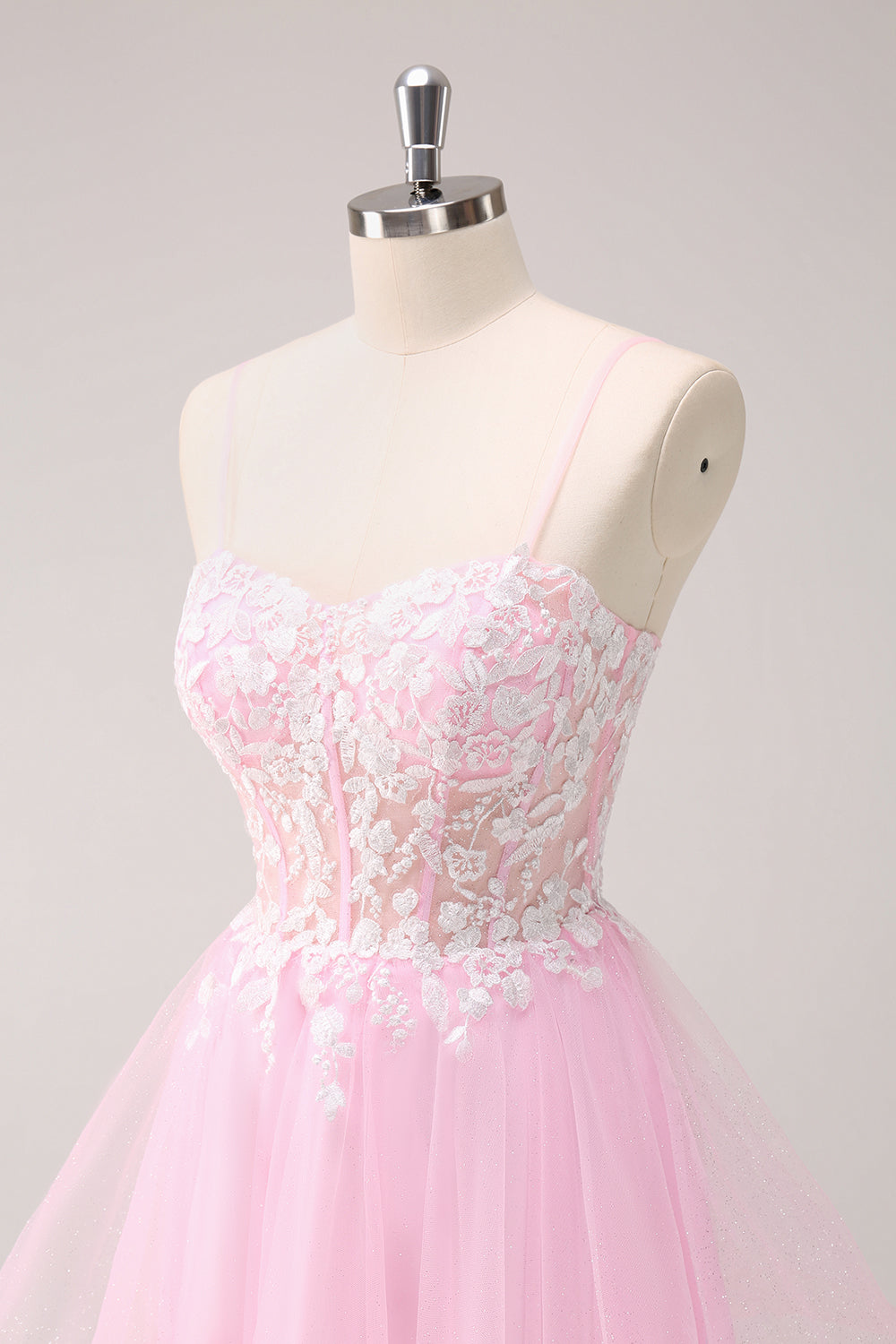 Rose A Ligne Spaghetti Bretelles Tulle Corset Robe de bal avec appliques