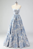 Mignon bleu A-ligne Sweetheart Brocart Corset Robe de soirée Longue
