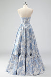 Mignon bleu A-ligne Sweetheart Brocart Corset Robe de soirée Longue