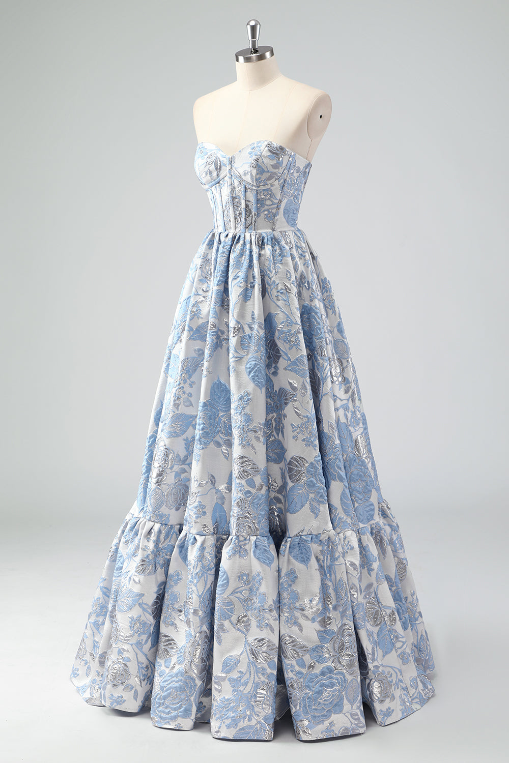 Mignon bleu A-ligne Sweetheart Brocart Corset Robe de soirée Longue