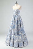 Mignon bleu A-ligne Sweetheart Brocart Corset Robe de soirée Longue