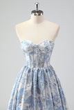 Mignon bleu A-ligne Sweetheart Brocart Corset Robe de soirée Longue