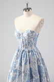 Mignon bleu A-ligne Sweetheart Brocart Corset Robe de soirée Longue