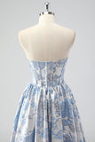 Mignon bleu A-ligne Sweetheart Brocart Corset Robe de soirée Longue