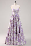 Mignon bleu A-ligne Sweetheart Brocart Corset Robe de soirée Longue