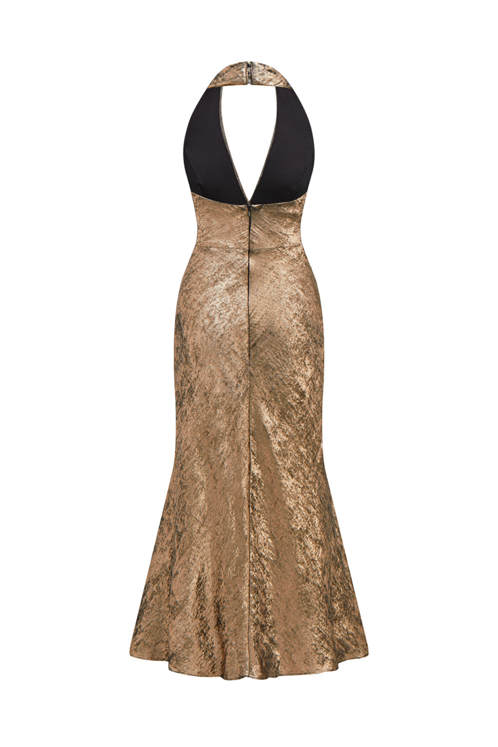 Robe de cocktail midi en satin doré à col dos nu sirène