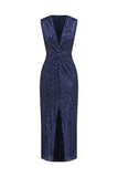 Robe de cocktail midi à sequins à col en V bleu marine avec fente