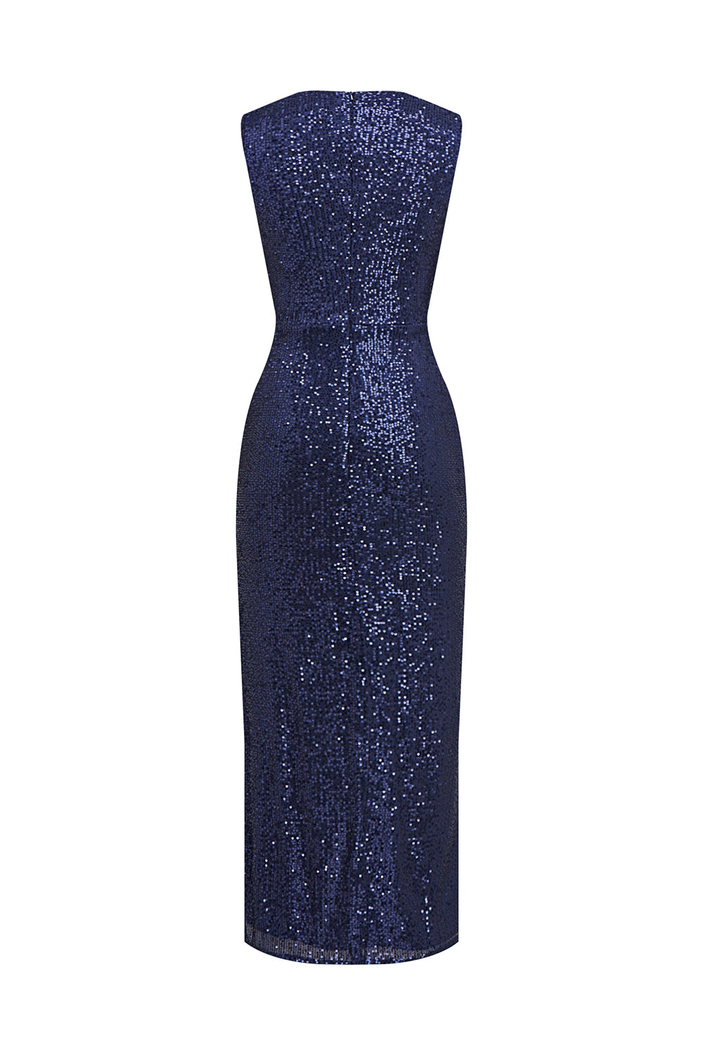 Robe de cocktail midi à sequins à col en V bleu marine avec fente