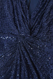 Robe de cocktail midi à sequins à col en V bleu marine avec fente