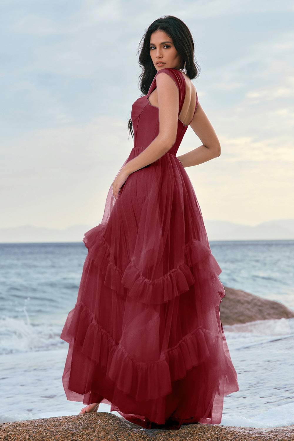 Robe de demoiselle d’honneur corset en tulle bleu avec volants