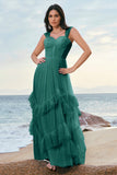 Robe de demoiselle d’honneur corset en tulle bleu avec volants