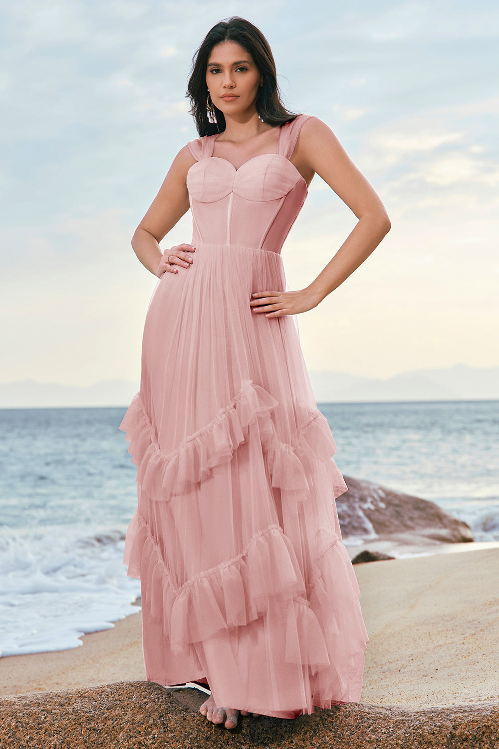 Robe de demoiselle d’honneur corset en tulle bleu avec volants