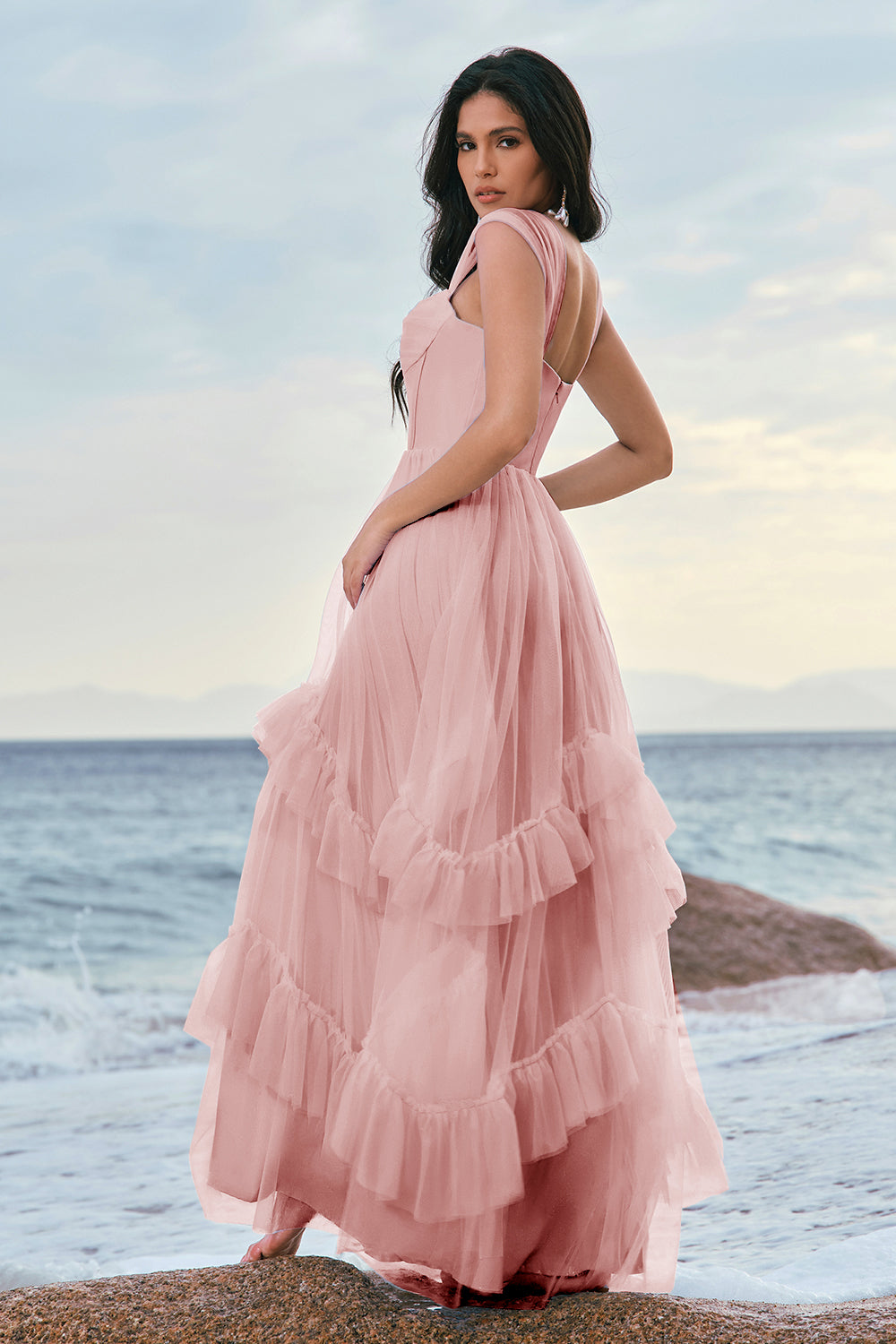 Robe de demoiselle d’honneur corset en tulle bleu avec volants