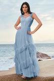 Robe de demoiselle d’honneur corset en tulle bleu avec volants