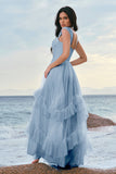 Robe de demoiselle d’honneur corset en tulle bleu avec volants