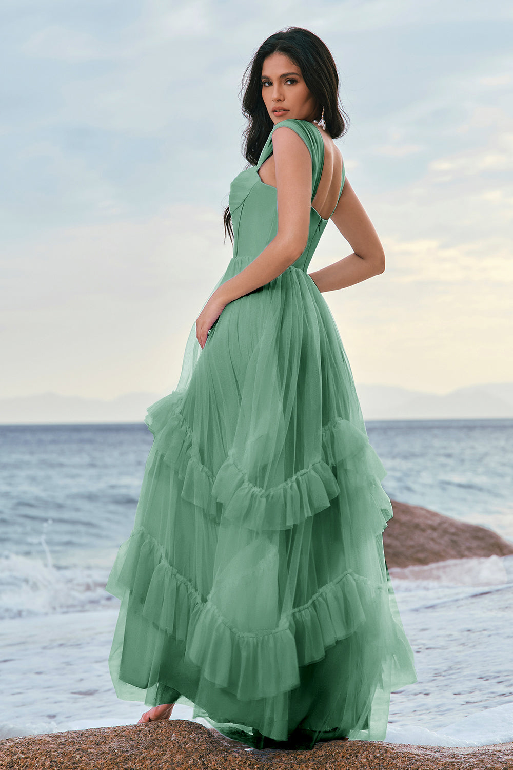 Robe de demoiselle d’honneur corset en tulle bleu avec volants