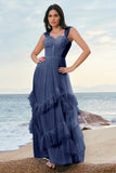 Robe de demoiselle d’honneur corset en tulle bleu avec volants