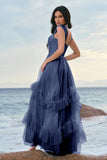 Robe de demoiselle d’honneur corset en tulle bleu avec volants