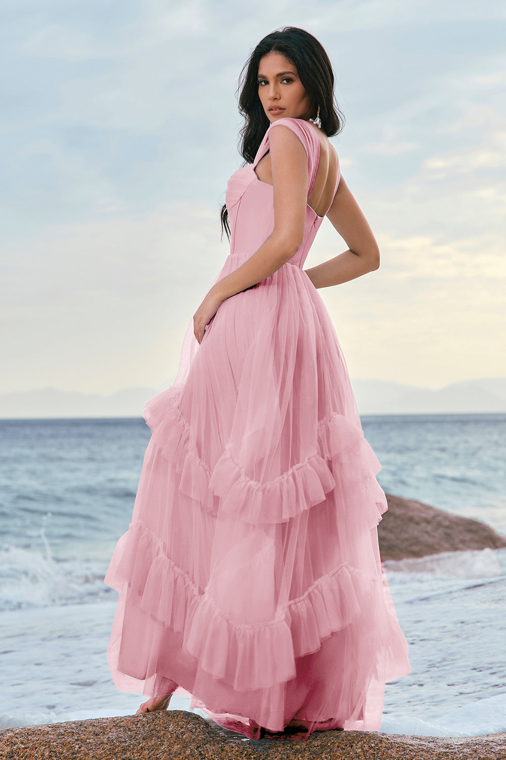 Robe de demoiselle d’honneur corset en tulle bleu avec volants
