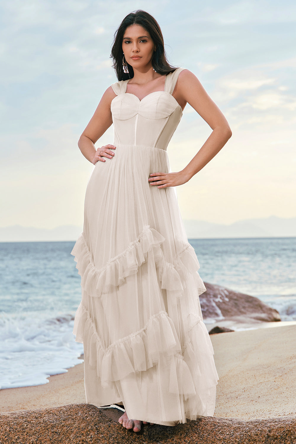 Robe de demoiselle d’honneur corset en tulle bleu avec volants