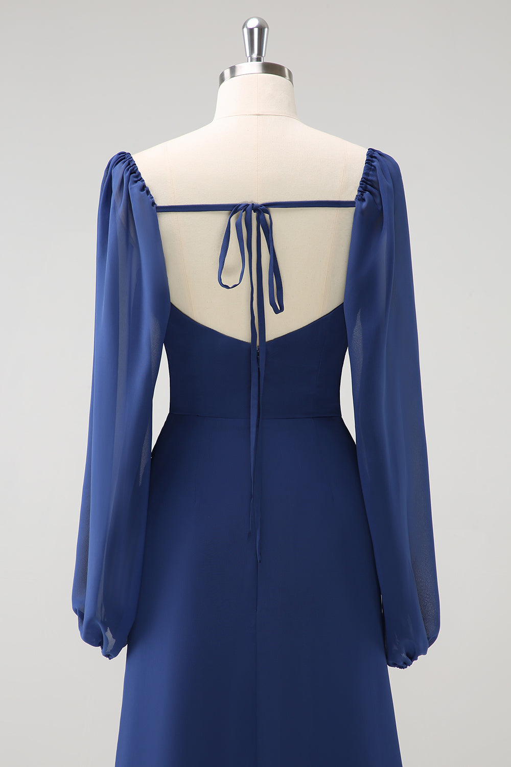 Fourreau bleu foncé col carré en mousseline de soie manches longues robe de demoiselle d’honneur longue avec fente