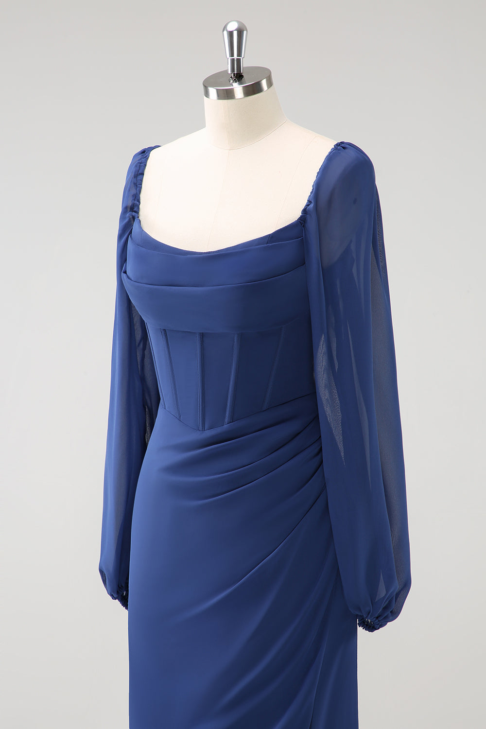 Fourreau bleu foncé col carré en mousseline de soie manches longues robe de demoiselle d’honneur longue avec fente