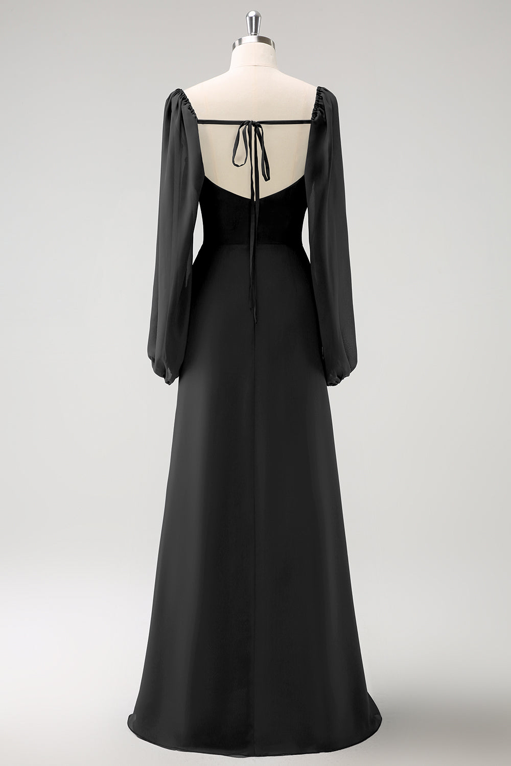 Fourreau bleu foncé col carré en mousseline de soie manches longues robe de demoiselle d’honneur longue avec fente