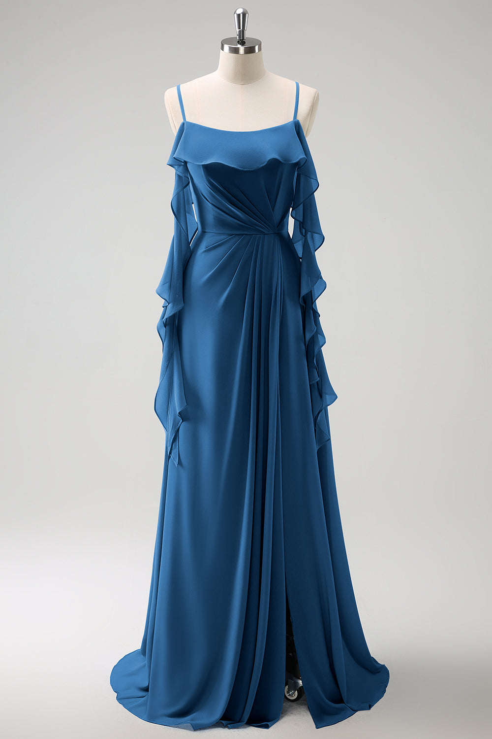 Gris Bleu A-ligne Spaghetti Bretelles Mousseline de soie Longue Robe de demoiselle d’honneur avec fente