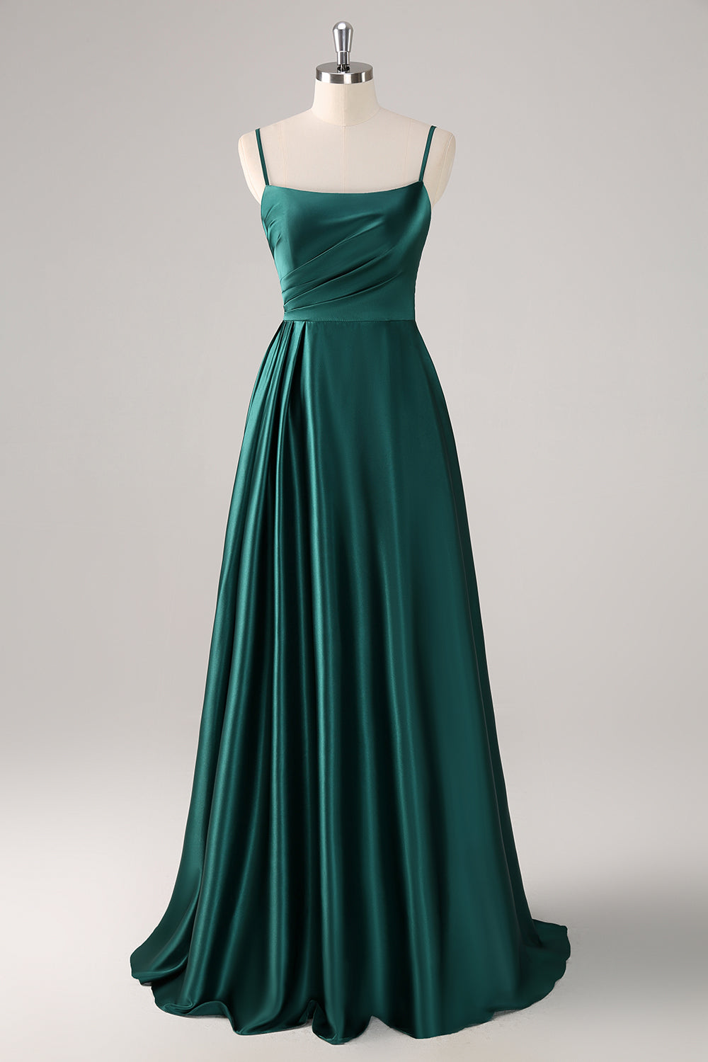 Robe de demoiselle d’honneur longue en satin froncé à bretelles spaghetti vert foncé