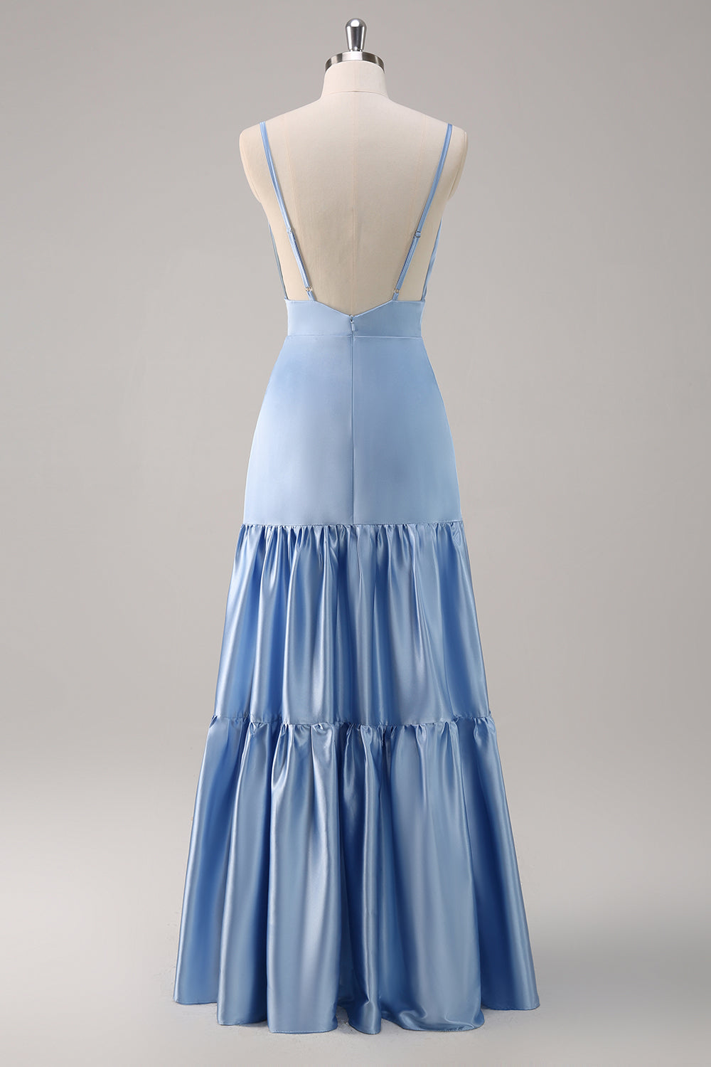 Robe de demoiselle d’honneur longue en satin à bretelles spaghetti trapèze bleu ciel