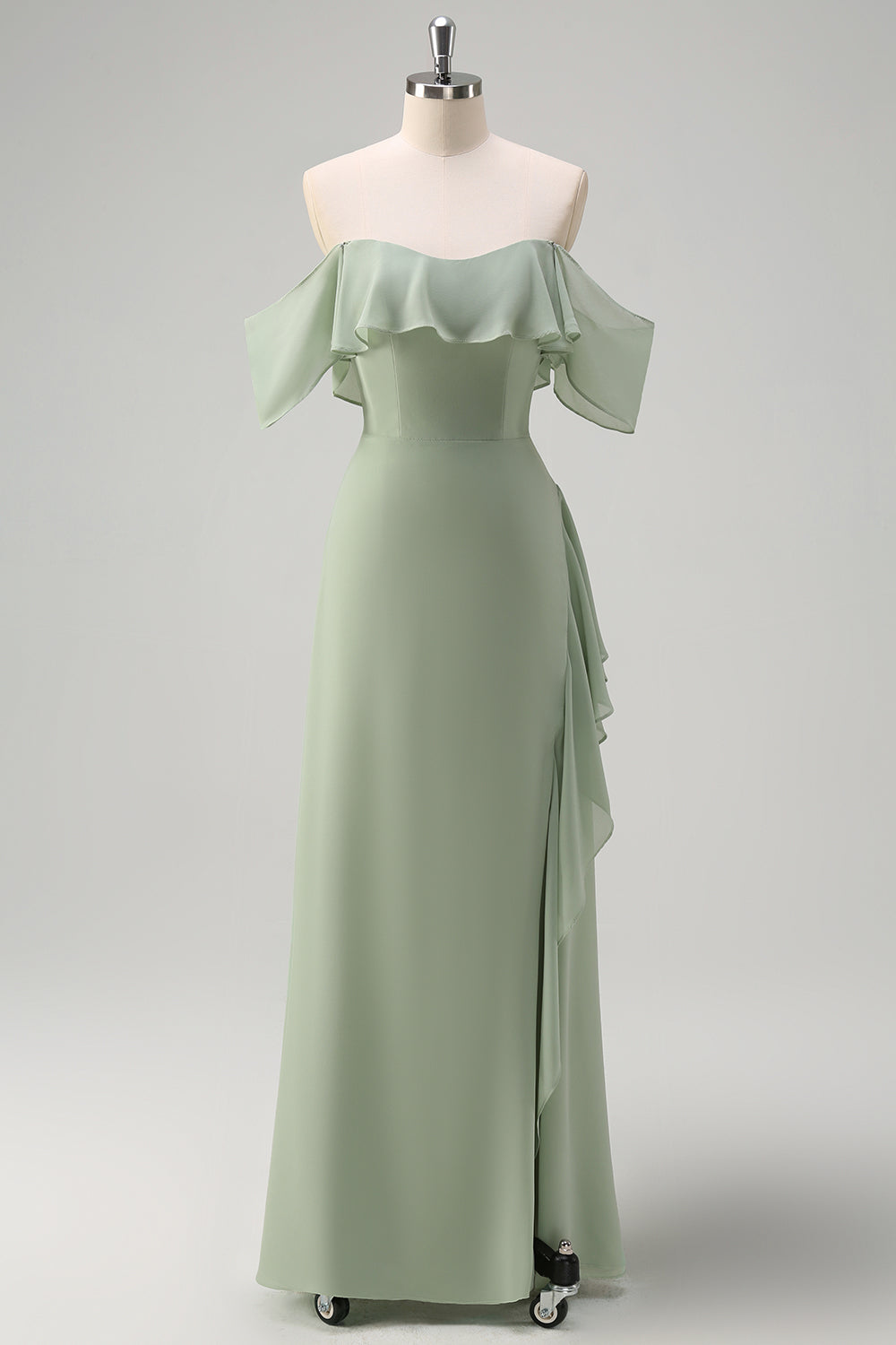 Robe de demoiselle d’honneur longue sirène vert clair à épaules dénudées avec fente à volants