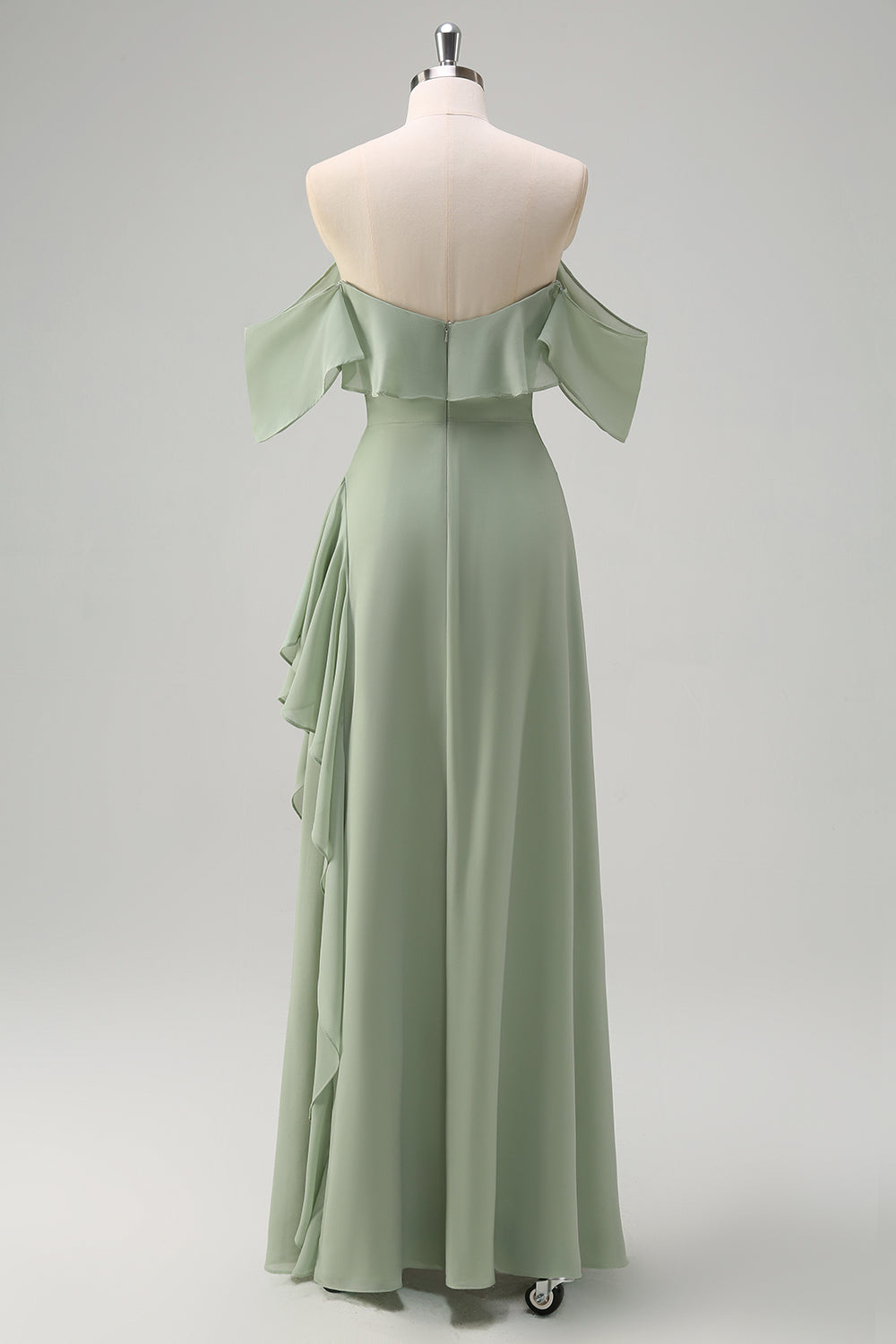 Robe de demoiselle d’honneur longue sirène vert clair à épaules dénudées avec fente à volants