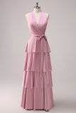 Robe de demoiselle d’honneur trapèze à plusieurs niveaux avec ceinture
