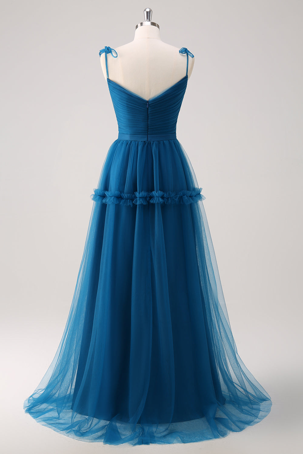 Robe de demoiselle d’honneur longue en tulle a-ligne à bretelles spaghetti bleu foncé