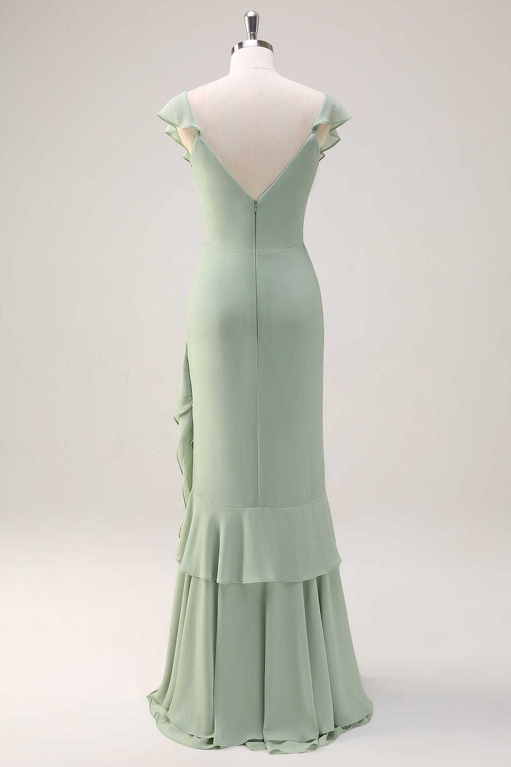 Dusty Sage Sirène Col V Long Dos Ouvert Robe de demoiselle d’honneur avec volants