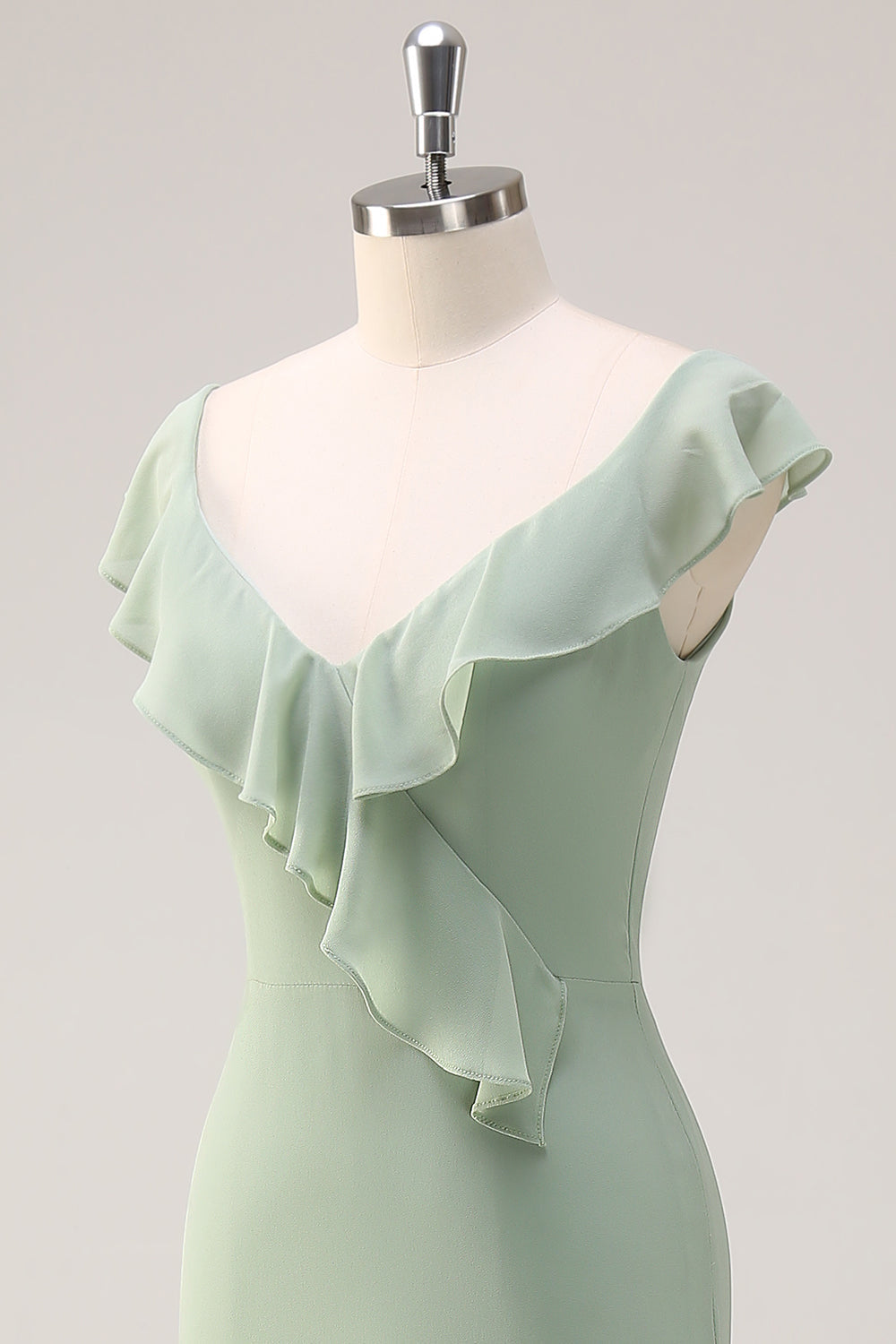 Dusty Sage Sirène Col V Long Dos Ouvert Robe de demoiselle d’honneur avec volants