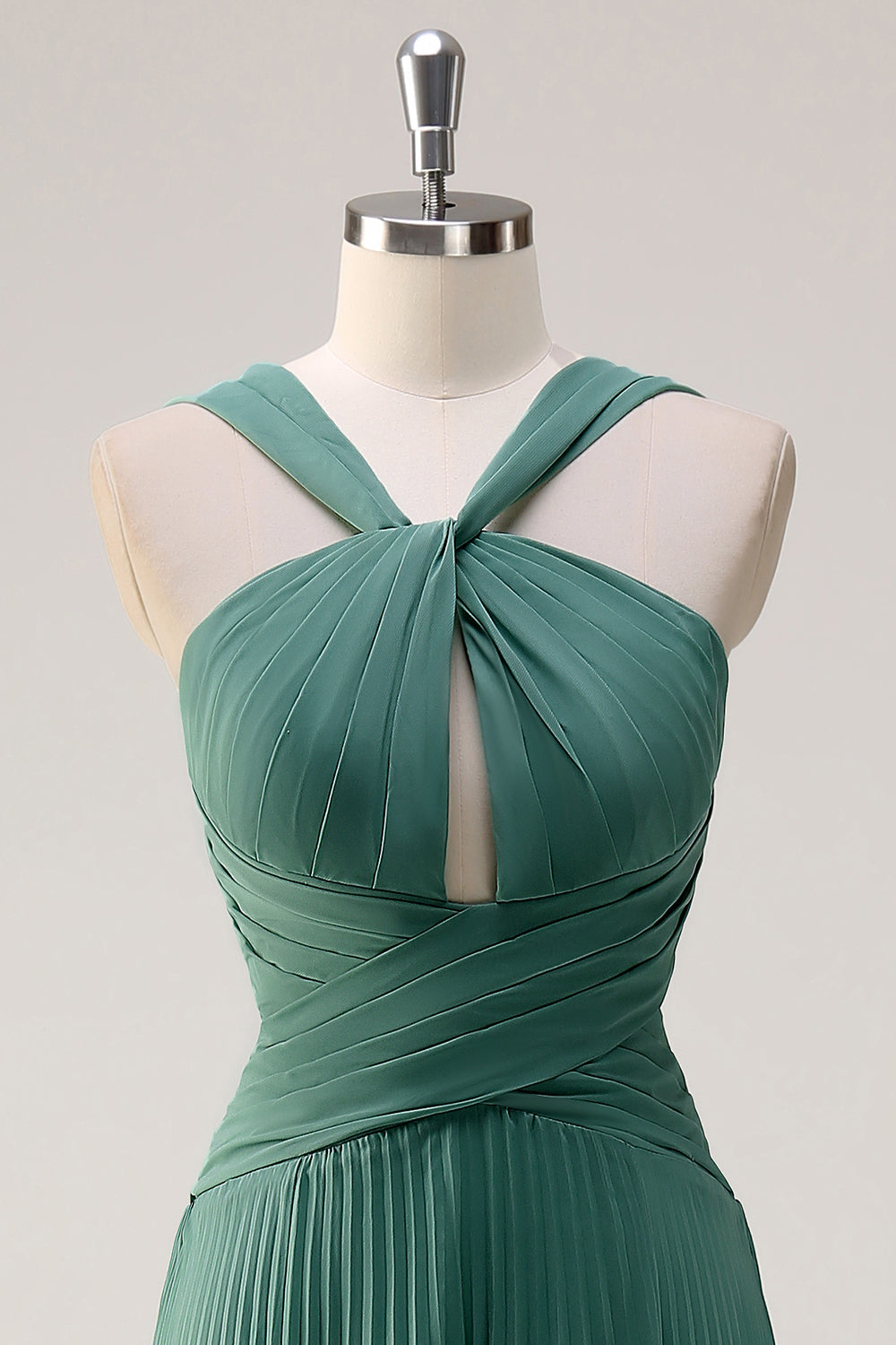 Eucalyptus Une Ligne Dos Nu Col Mousseline Plissé Longue Robe de demoiselle d’honneur