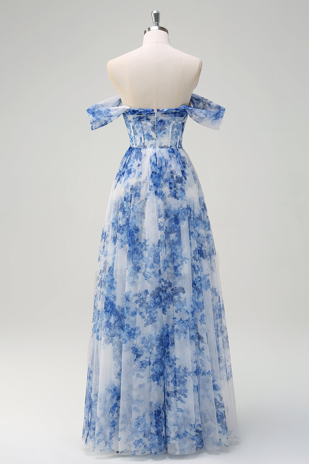 Robe de demoiselle d’honneur trapèze à fleurs blanches et bleues avec fente