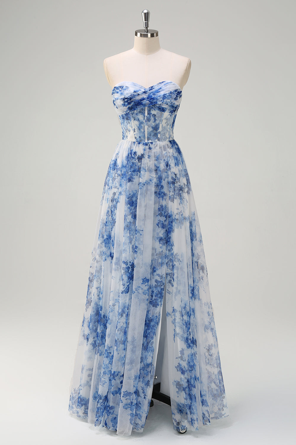 Robe de demoiselle d’honneur trapèze à fleurs blanches et bleues avec fente