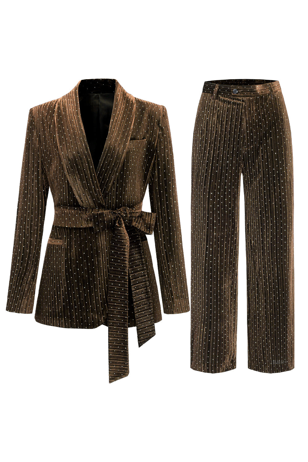 Bleu marine châle revers 2 pièces Costumes pour femmes avec ceinture