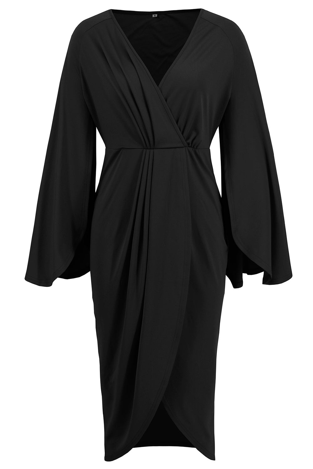 Robe de cocktail midi asymétrique à col en V sirène noire avec manches