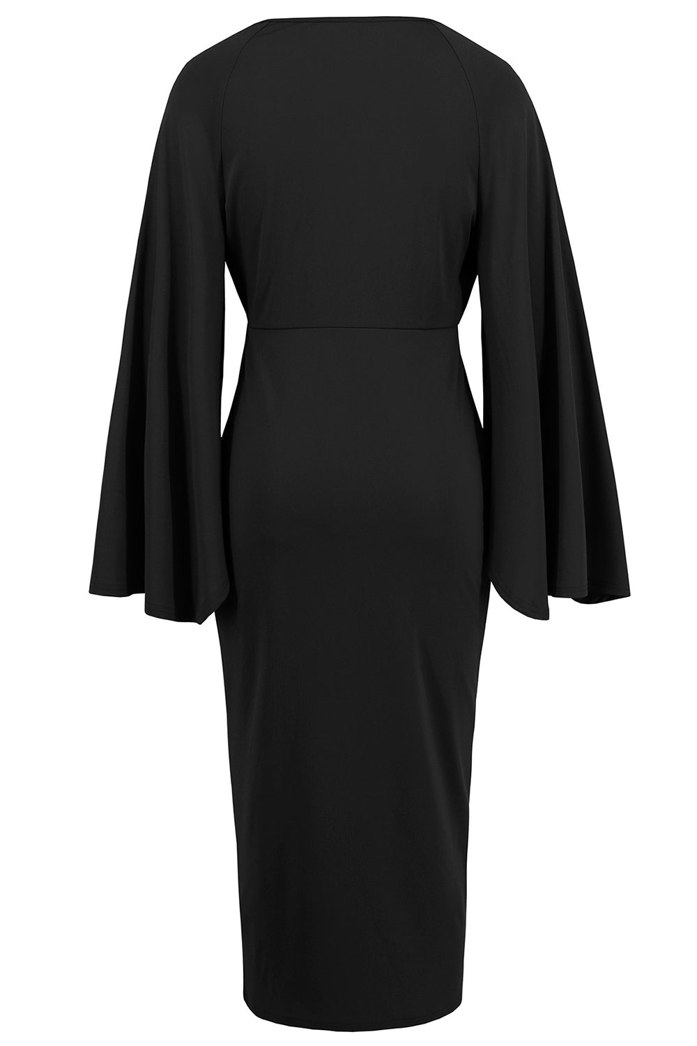 Robe de cocktail midi asymétrique à col en V sirène noire avec manches