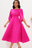 Mode Élégant Bleu Royal Une Ligne Solide Swing Robe avec Demi-Manches