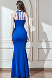 Robe de bal longue perlée scintillante bleu royal sirène à col nu perlé avec fente