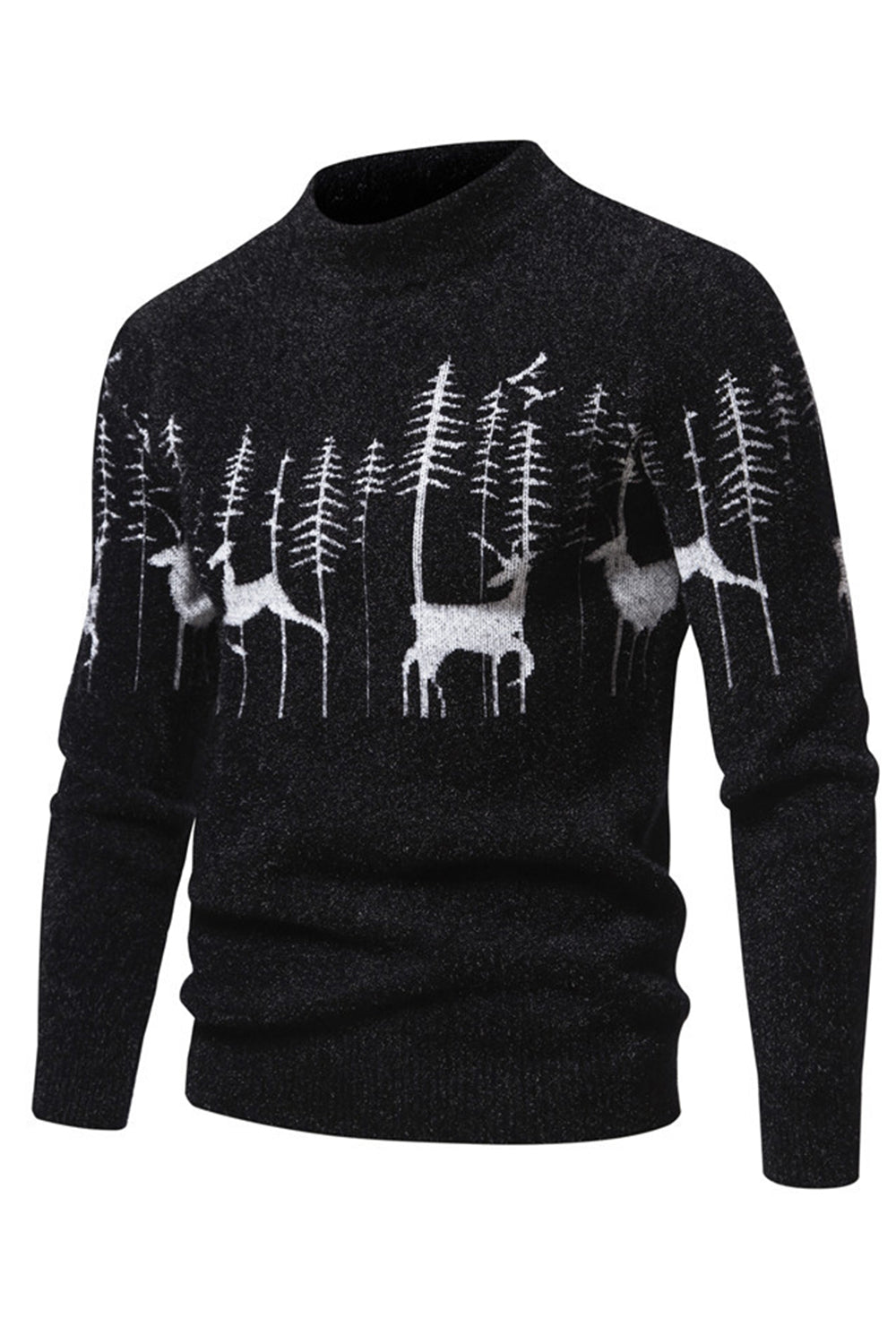 Pull noir slim-fit à col rond imprimé cerf de Noël pour homme