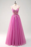 Robe de soirée longue appliquée violet trapèze scintillant avec fente