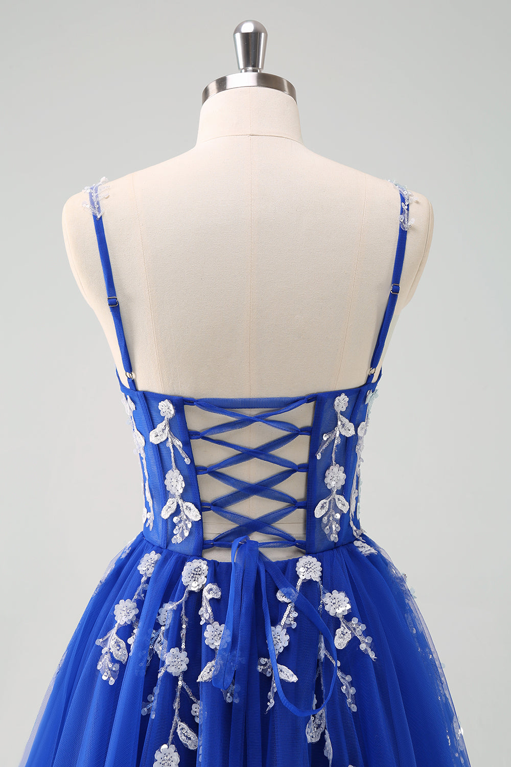 Robe de bal longue corset à bretelles spaghetti bleu royal scintillant